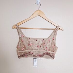 Floral Embroidered Bra - Tan and Pink